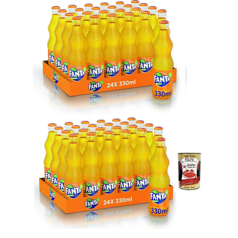 CocaCola Fanta Aranciata Erfrischendes Getränk,Kohlensäurehaltiges Getränk mit Orangensaft,Einweg-Glasflasche 33cl 48x Original italienisch inkl. Italian Gourmet Polpa di Pomodoro 400g Dose