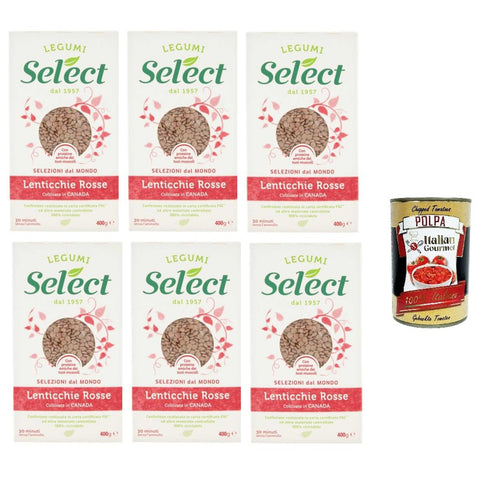 Select Lenticchie Rosse Coltivate in Canada, Rote Linsen, In Kanada gewachsen, Hülsenfrüchte Papier Verpackung, 6x 400g Original italienisch inkl. Italian Gourmet Polpa 400g