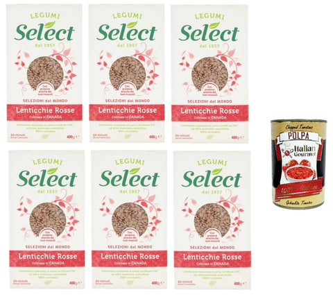 Italian Gourmet E.R. Linsenbohnen Select Lenticchie Rosse Coltivate in Canada, Rote Linsen, In Kanada gewachsen, Hülsenfrüchte Papier Verpackung, 6x 400g + Italian Gourmet polpa 400g 8032804040014