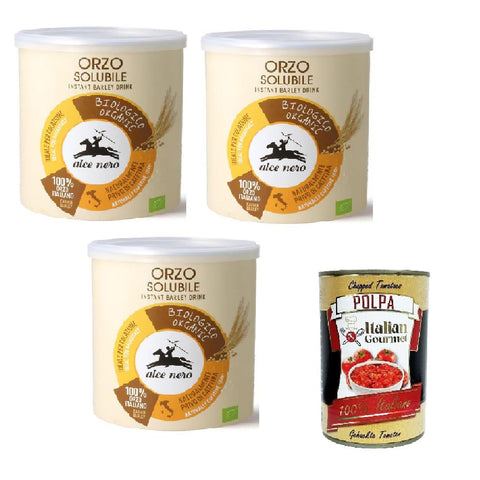 Alce Nero Orzo solubile, Classico Instant lösliche Gerste Getreidekaffee kaffee, 3x 125g Original italienisch inkl. Italian Gourmet Polpa 400g