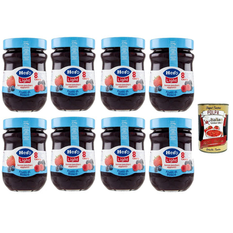 Hero Light Beeren Marmelade, 8 Gläser mit, Marmelade und zusätzlicher Marmelade, hochwertige Früchte, ohne Konservierungsstoffe und ohne Farbstoffe 280 g inkl. Italian Gourmet polpa 400g Original italienisch