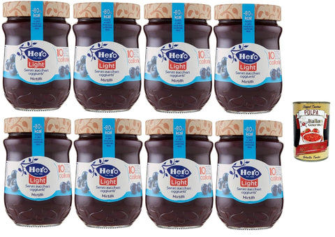 Italian Gourmet E.R. Marmeladen & Konfitüren Hero Light Blaubeeren, Marmelade, 8 Gläser mit 280 g, Marmelade und zusätzlicher Marmelade, hochwertige Früchte, ohne Konservierungsstoffe und ohne Farbstoffe + Italian Gourmet polpa 400g 8032804040014