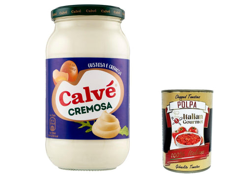 Italian Gourmet E.R. Mayonnaise 12x Calve Calvè Cremosa Mayonnaise mayo classic Fritessoße Soße Sauce glass 439ml + Italian gourmet polpa 400g 8712100840715