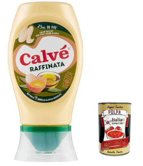 Italian Gourmet E.R. Mayonnaise 12x Calvé Maionese Raffinata Zusatz von nativem Olivenöl extra, ideal zu Fleisch und Gemüse, glutenfrei, Top down 250 ml + Italian Gourmet polpa 400g 8720182387516