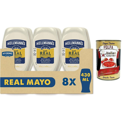 Hellmann's Maionese, Mayonnaise in Top - Down - Verpackung 8x 430ml inkl. Italian Gourmet Polpa di Pomodoro 400g Dose Original italienisch