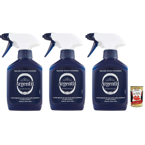 Argentil Spezifisches Reinigungsmittel für Silber, Spray, schnelles Polieren und antioxidative Wirkung, mit selbstaktiven Wirkstoffen, 3x 150 ml Original italienisch inkl. Italian Gourmet Polpa 400g