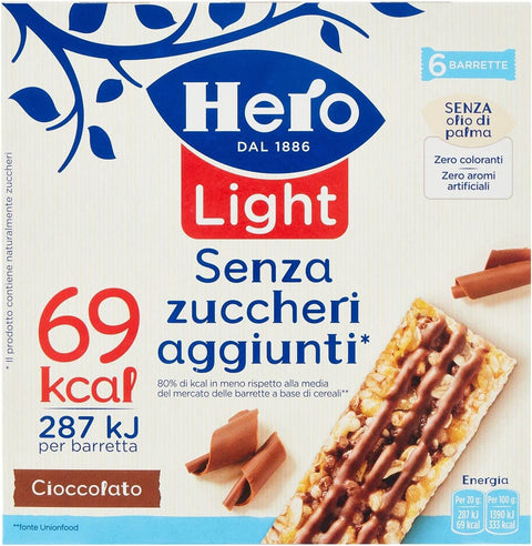 Italian Gourmet E.R. Müsliriegel 6x Hero Light Schoko Müsliriegel Schokolade, ohne Palmöl, ohne Konservierungsstoffe, ohne Farbstoffe, ohne Zuckerzusatz 120g 8000080002057