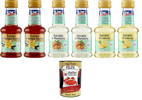 Italian Gourmet E.R. Natürlich Paneangeli Testpaket Naturextrakt 100 % natürliche Bourbon-Vanille, Mandel, Zitrone ideal für Kuchen und Desserts, alkoholfrei, ohne Konservierungsstoffe 6x 35ml + Italian Gourmet polpa 400g 8032804040014