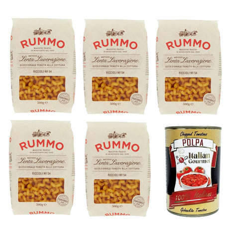 Rummo Riccioli n° 54 Pasta Lenta Lavorazione Teigwaren aus Hartweizengrieß Bronze-Zeichnung 5x 500g Original italienisch inkl. Italian Gourmet Polpa 400g
