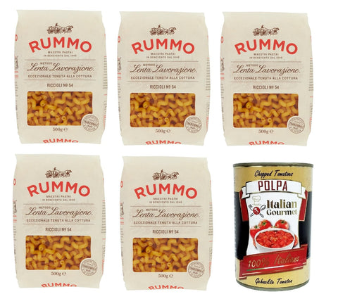 Italian Gourmet E.R. Nudelgerichte Rummo Riccioli n° 54 Pasta Lenta Lavorazione Teigwaren aus Hartweizengrieß Bronze-Zeichnung 5x 500g + Italian Gourmet polpa 400g 8008343200547