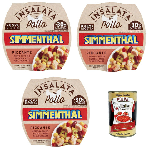 Italian Gourmet E.R. Nudelgerichte Simmenthal Insalata di Pollo, Pikantes Hühnchen mit Bohnen, 160g, 3er Pack, + Italian Gourmet polpa 400g