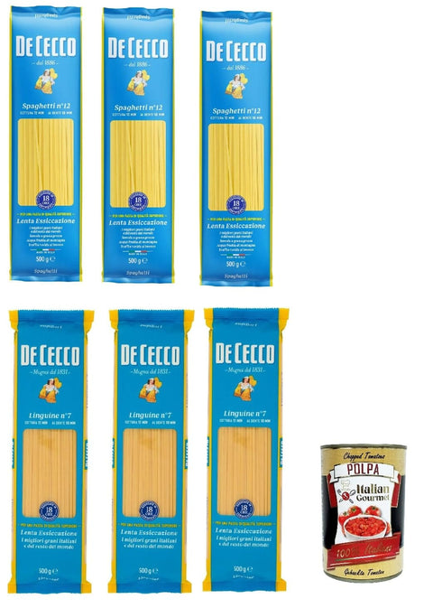 Italian Gourmet E.R. Nudelgerichte Testpaket Pasta De Cecco 100% Italienisch 3x Spaghetti n. 12 + 3x Linguine n. 7 Nudeln 500g + Italian Gourmet Polpa 400g 8001250120120