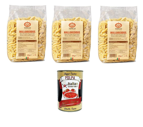 Italian Gourmet E.R. Nudelgerichte Tipico di Sardegna- Malloreddus Nudeln aus Hartweizengrieß – 3x 500 gr+ Italian Gourmet Polpa di Pomodoro 400g 8000491000437