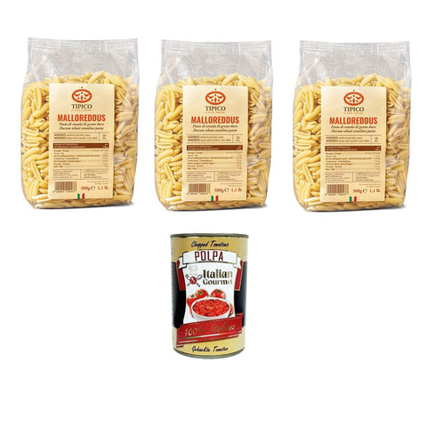 Tipico di Sardegna - Malloreddus Nudeln aus Hartweizengrieß 3x 500 gr inkl. Italian Gourmet Polpa di Pomodoro 400g Original italienisch