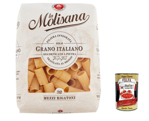 Italian Gourmet E.R. Nudeln & Pasta 10x La Molisana Mezzi Rigatoni N. 32 Pasta Lenta Lavorazione Teigwaren aus Hartweizengrieß Bronze-Zeichnung 500g + Italian Gourmet Polpa 400g 8004690053225