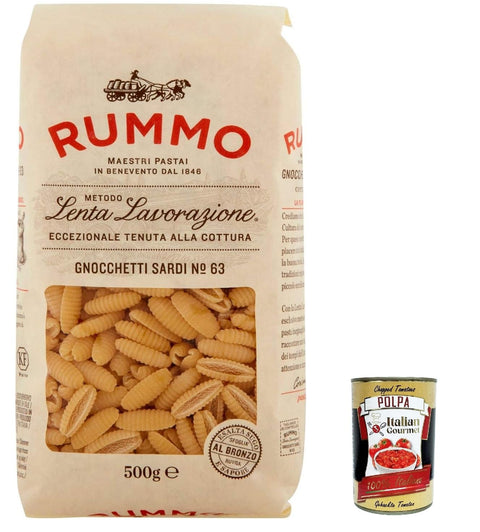 Italian Gourmet E.R. Nudeln & Pasta 10x Rummo Gnocchetti Sardi N°63 Pasta Lenta Lavorazione Teigwaren aus Hartweizengrieß Bronze-Zeichnung 500g + Italian Gourmet polpa 400g 8008343200639