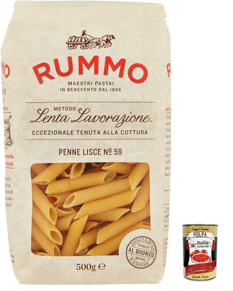 Italian Gourmet E.R. Nudeln & Pasta 10x Rummo Penne Lisce N. 59 Hartweizengrieß Pasta Italienische Nudeln 500g Packung + Italian Gourmet Polpa di Pomodoro 400g Dose 8008343200592