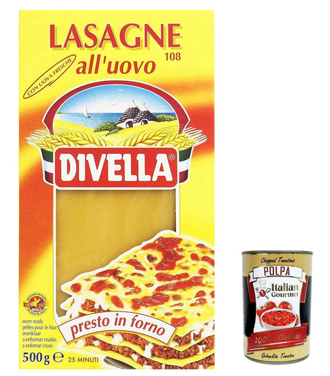 Italian Gourmet E.R. Nudeln & Pasta 12x Divella Pasta Lasagne all'uovo, 100% italienische Pasta, Eiernudeln, Pasta mit Ei n.108 500g + Italian Gourmet polpa 400g 8005121041088