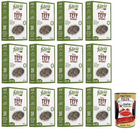 Italian Gourmet E.R. Nudeln & Pasta 12x Felicia Penne di Teff Integrale,Pasta mit 100% Vollkorn Teff,Authentischer Geschmack der äthiopischen Küche,Packung mit 250g + Italian Gourmet Polpa di Pomodoro 400g Dose 8032804431409