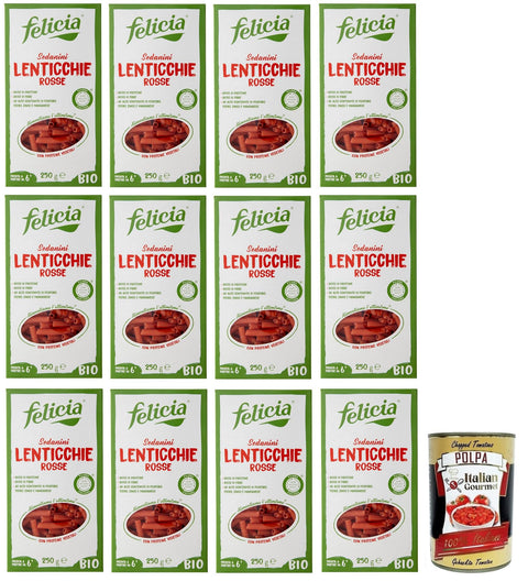 Italian Gourmet E.R. Nudeln & Pasta 12x Felicia Sedanini di Lenticchie Rosse,Pasta mit 100% Roten Linsen aus der Italienischen Lieferkette,Bio und Natürlich Glutenfrei,Packung mit 250g + Italian Gourmet Polpa di Pomodoro 400g Dose 8032804430471