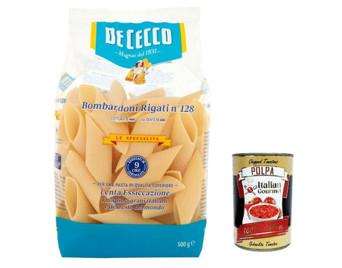 Pasta De Cecco 100% italienische Pasta, Bombardoni rigati n 128 Pasta 500 g 12x Original italienisch inkl. Italian Gourmet Polpa 400g