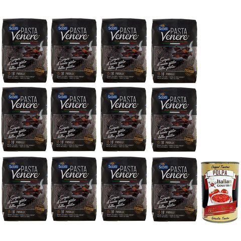 Riso Scotti Pasta Venere Fusilli, Pasta aus Hartweizengrieß und Schwarzem Venere - Vollkornreismehl, Packung mit 12x 400g inkl. Italian Gourmet Polpa di Pomodoro 400g Dose Original italienisch