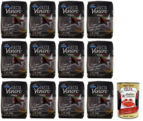 Riso Scotti Pasta Venere Penne Rigate,Pasta aus Hartweizengrieß und Schwarzem Venere-Vollkornreismehl,Packung mit 400g 12x Original italienisch inkl. Italian Gourmet Polpa di Pomodoro 400g Dose