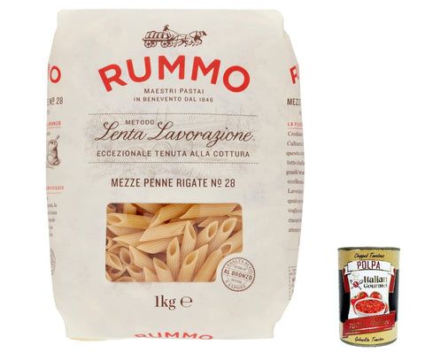 Italian Gourmet E.R. Nudeln & Pasta 12x Rummo Mezze penne rigate N. 28 Hartweizengrieß Pasta Italienische Nudeln 1Kg Packung + Italian Gourmet Polpa di Pomodoro 400g Dose 8008343230285