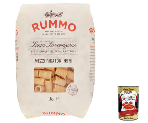 Rummo Mezzi rigatoni N. 51 Hartweizengrieß Pasta Italienische Nudeln 1Kg Packung 12x Original italienisch inkl. Italian Gourmet Polpa di Pomodoro 400g Dose