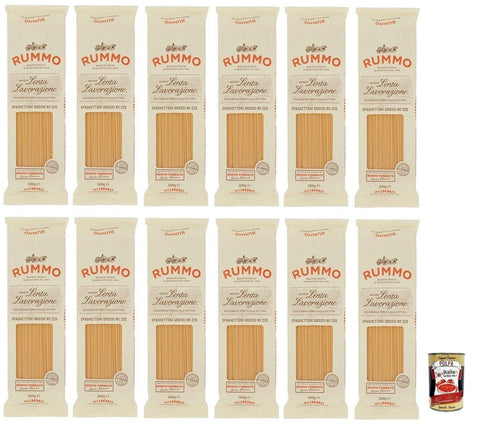 Rummo Spaghettoni Grossi N°220 Pasta Lenta Lavorazione Teigwaren aus Hartweizengrieß Bronze-Zeichnung 500g 12x Original italienisch inkl. Italian Gourmet Polpa di Pomodoro 400g Dose