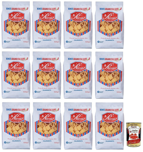 Russo Calamarata N°27 Hartweizengrieß Pasta,100% Italienischer Weizen,500g-Packung 12x Original italienisch inkl. Italian Gourmet Polpa di Pomodoro 400g Dose