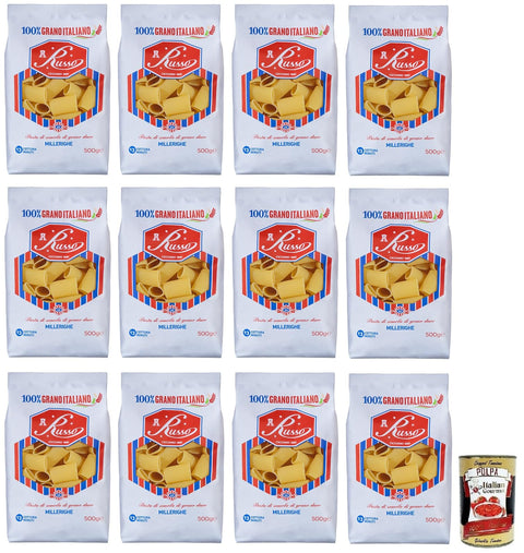 Russo Millerighe N°26 Hartweizengrieß Pasta,100% Italienischer Weizen,500g-Packung 12x Original italienisch inkl. Italian Gourmet Polpa di Pomodoro 400g Dose