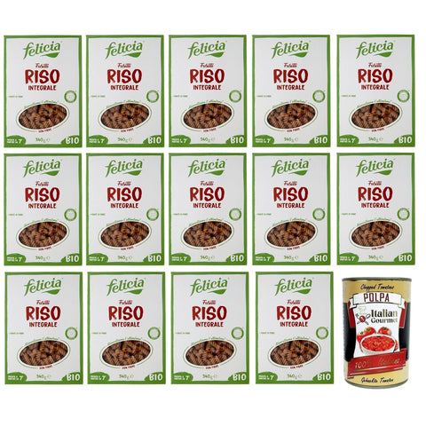 Felicia Fusilli di Riso Integrale,Pasta mit 100 % braunem Reis aus der italienischen Lieferkette,Bio und Natürlich Glutenfrei,Packung mit 340g 14x Original italienisch inkl. Italian Gourmet Polpa di Pomodoro 400g Dose