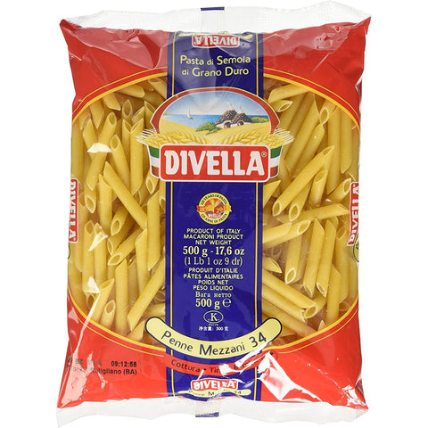 Divella Penne Mezzani N. 34 Hartweizengrieß Pasta Italienische Nudeln Packung 24x500g Original italienisch