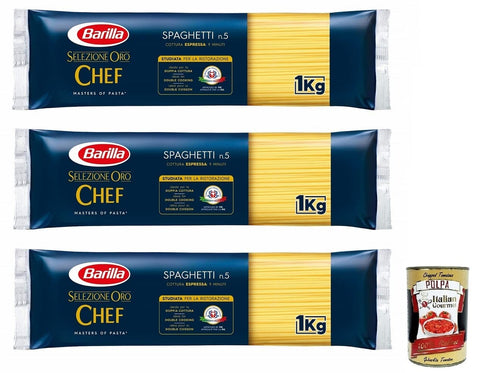 Italian Gourmet E.R. Nudeln & Pasta 3x Barilla Selezione Oro Chef Spaghetti n.5,Hartweizengrieß Pasta,100% italienisches Getreide,Packung mit 1kg + Italian Gourmet Polpa di Pomodoro 400g Dose 8076809527941
