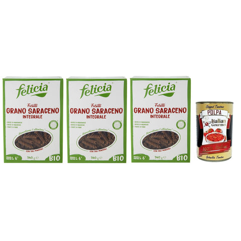 Felicia Fusilli di Grano Saraceno Integrale,Pasta mit 100% Bio-Buchweizen,Bio und Natürlich Glutenfrei,Packung mit 340g 3x Original italienisch inkl. Italian Gourmet Polpa di Pomodoro 400g Dose