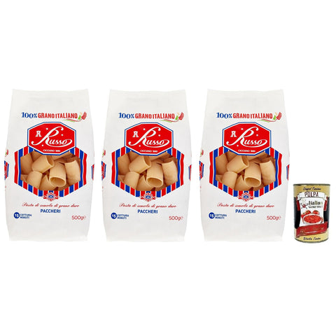 Russo Paccheri N°26 Hartweizengrieß Pasta, 100% Weizen, - Packung 3x 500g inkl. Italian Gourmet Polpa di Pomodoro 400g Dose Original italienisch