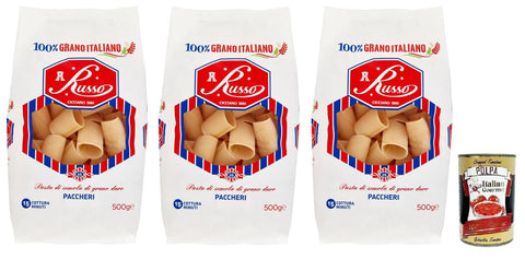 Italian Gourmet E.R. Nudeln & Pasta 3x Russo Paccheri N°26 Hartweizengrieß Pasta,100% Italienischer Weizen,500g-Packung + Italian Gourmet Polpa di Pomodoro 400g Dose 8000139926730