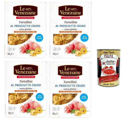 Italian Gourmet E.R. Nudeln & Pasta 4x Le veneziane tortellini prosciutto crudo senza glutine, roher Schinken tortellini gluten free, Pasta nudeln glutenfrei 250g + Italian Gourmet polpa 400g 8009915008745