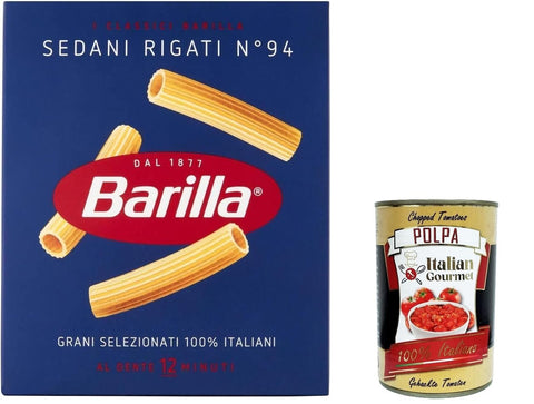 Pasta Barilla Sedani rigati Nr. 94, 100% italienisch Nudeln 500 g pack 5x Original italienisch inkl. Italian Gourmet Polpa 400g