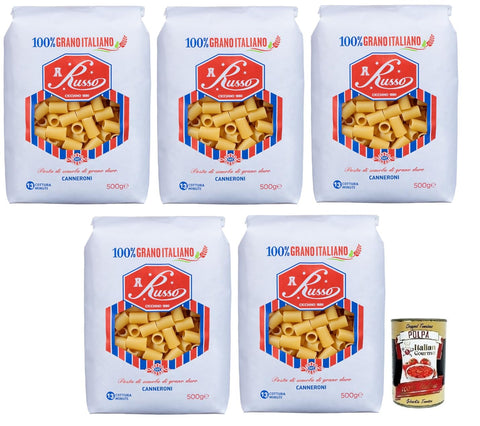 Russo Canneroni N°107 Hartweizengrieß Pasta,100% Italienischer Weizen,500g-Packung 5x Original italienisch inkl. Italian Gourmet Polpa di Pomodoro 400g Dose