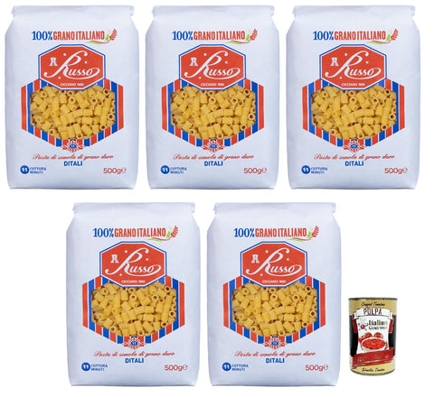 Russo Ditali N°11 Hartweizengrieß Pasta,100% Italienischer Weizen,500g-Packung 5x Original italienisch inkl. Italian Gourmet Polpa di Pomodoro 400g Dose
