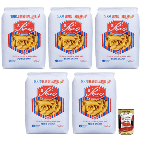 Russo Penne Grandi N°32 Hartweizengrieß Pasta, 100% Italienischer Weizen, Packung 5x500g Original italienisch
