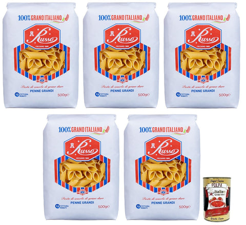 Russo Penne Grandi N°32 Hartweizengrieß Pasta, 100% Italienischer Weizen, Packung 5x500g Original italienisch