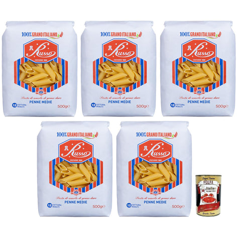 Russo Penne Medie N°46 Hartweizengrieß Pasta, 100% Italienischer Weizen, Packung 5x500g Original italienisch