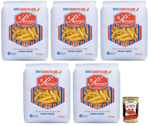 Italian Gourmet E.R. Nudeln & Pasta 5x Russo Penne Medie N°46 Hartweizengrieß Pasta,100% Italienischer Weizen,500g-Packung + Italian Gourmet Polpa di Pomodoro 400g Dose 8000139922503