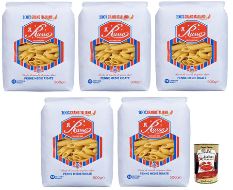 Russo Penne Medie Rigate N°123 Hartweizengrieß Pasta,100% Italienischer Weizen,500g-Packung 5x Original italienisch inkl. Italian Gourmet Polpa di Pomodoro 400g Dose