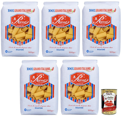 Russo Rigatoni N°126 Hartweizengrieß Pasta,100% Italienischer Weizen,500g-Packung 5x Original italienisch inkl. Italian Gourmet Polpa di Pomodoro 400g Dose