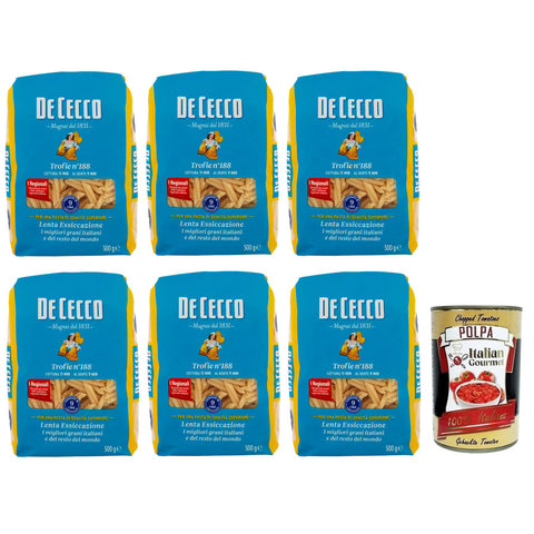 DE CECCO Trofie N°188 Hartweizengrieß Pasta,Italienischer Weizen,500g-Packung 6x Original italienisch inkl. Italian Gourmet Polpa di Pomodoro 400g Dose