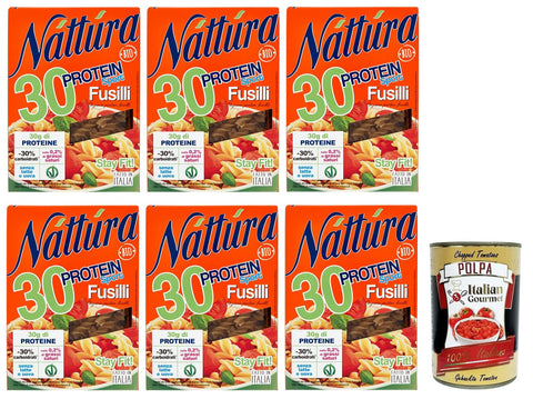 Náttúra Protein Sport Pasta Fusilli aus Biologischem Anbau,reich an Proteinen,Packung mit 250g 6x Original italienisch inkl. Italian Gourmet Polpa di Pomodoro 400g Dose